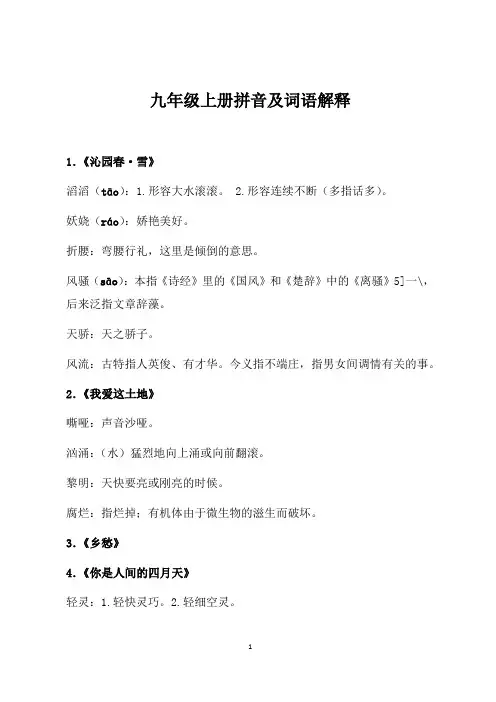 九年级上册拼音及词语解释