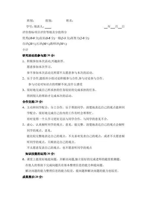 小学课堂教学评价量规表