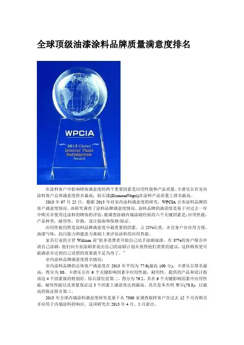 全球顶级油漆涂料品牌质量满意度排名