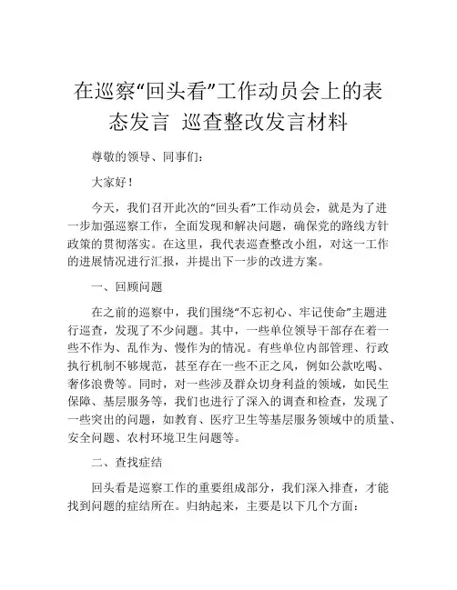 在巡察“回头看”工作动员会上的表态发言 巡查整改发言材料