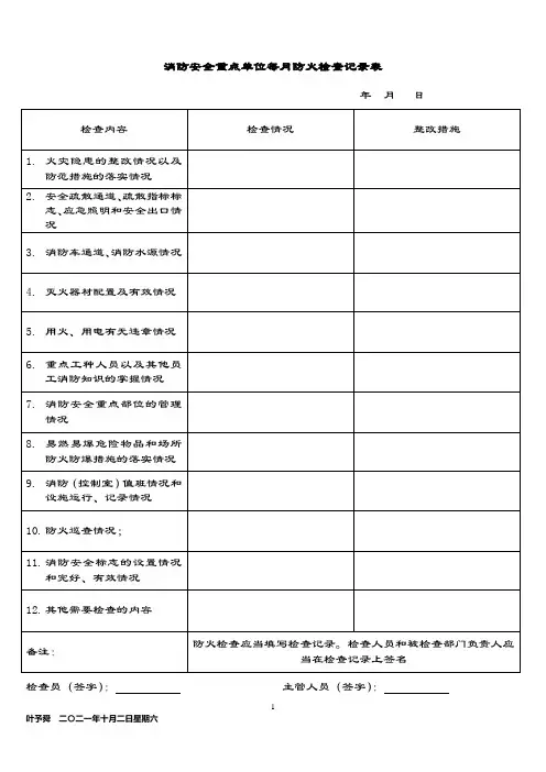 酒店管理消防  消防安全每月防火检查记录表——集团连锁酒店管理公司2035(叶予舜)