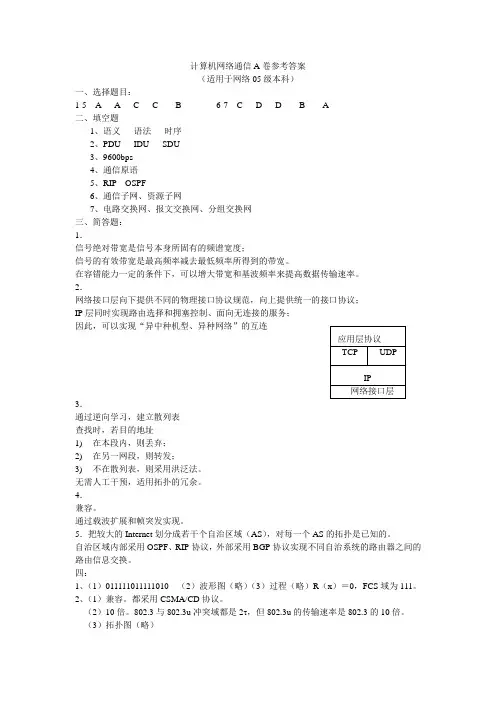 计算机网络通信A卷参考答案