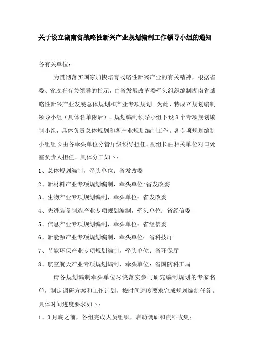 关于设立湖南省战略性新兴产业规划编制工作领导小组的通知
