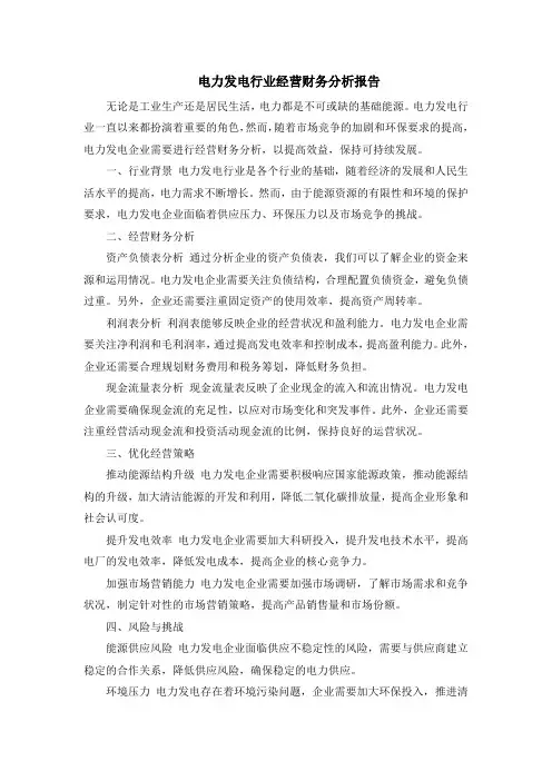 电力发电行业经营财务分析报告