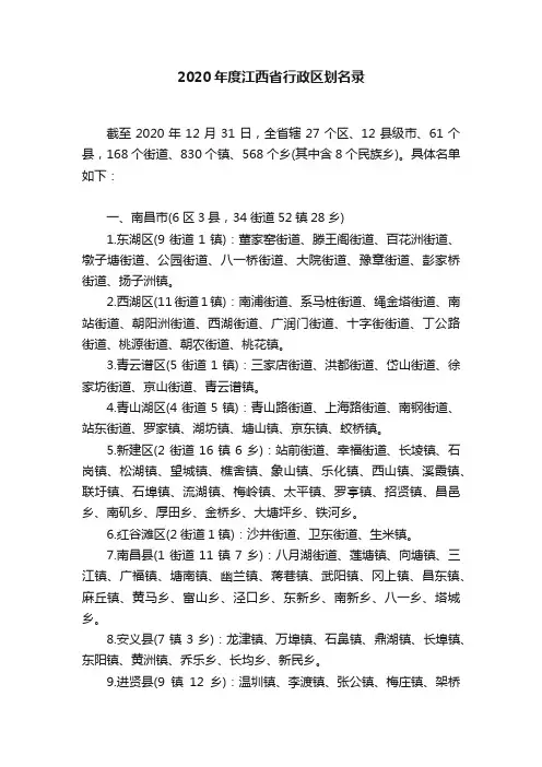 2020年度江西省行政区划名录