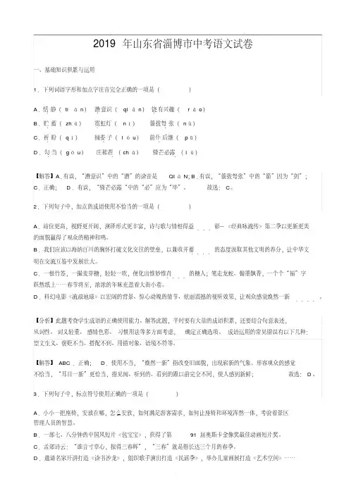 2019年山东省淄博市中考语文试题(含解析)
