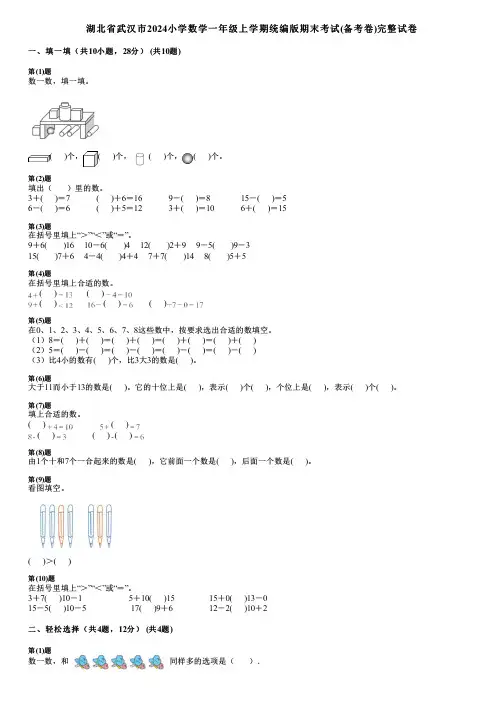 湖北省武汉市2024小学数学一年级上学期统编版期末考试(备考卷)完整试卷