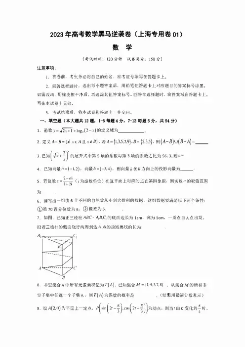 上海卷01(高考仿真模拟) (金榜题名)决战2023年高考数学黑马逆袭卷 附答案