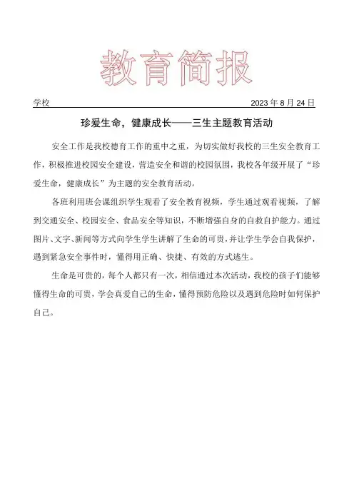 三生教育主题安全班会简报