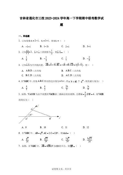 吉林省通化市三校2023-2024学年高一下学期期中联考数学试题