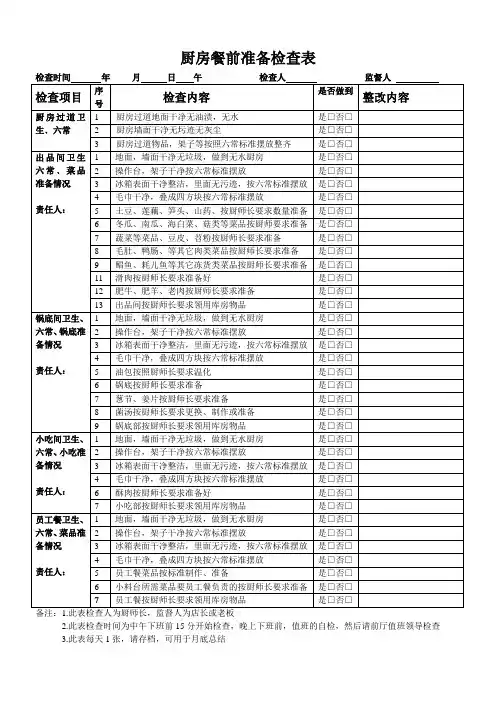 厨房餐前准备检查表