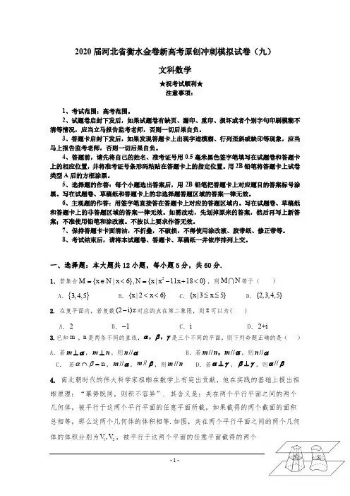 2020届河北省衡水金卷新高考原创冲刺模拟试卷(九)文科数学