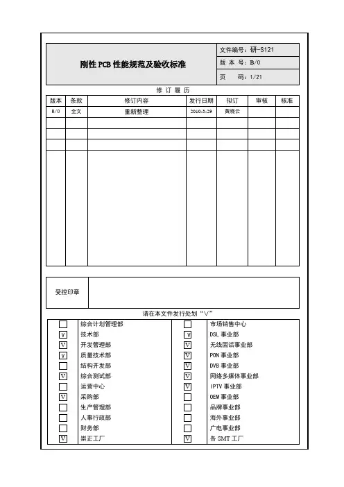 刚性PCB性能规范及验收标准
