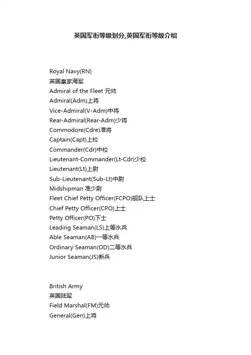 英国军衔等级划分,英国军衔等级介绍