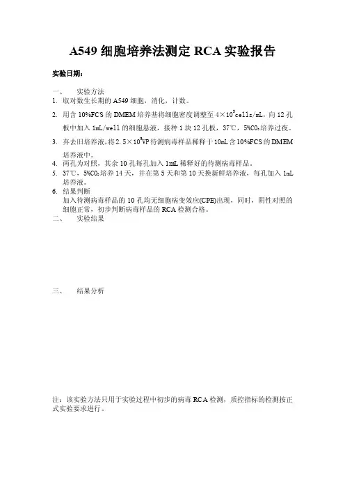 A549细胞培养法测定RCA实验报告