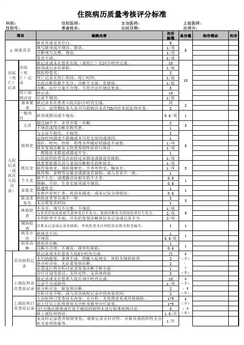 医院病历质量考核评分表