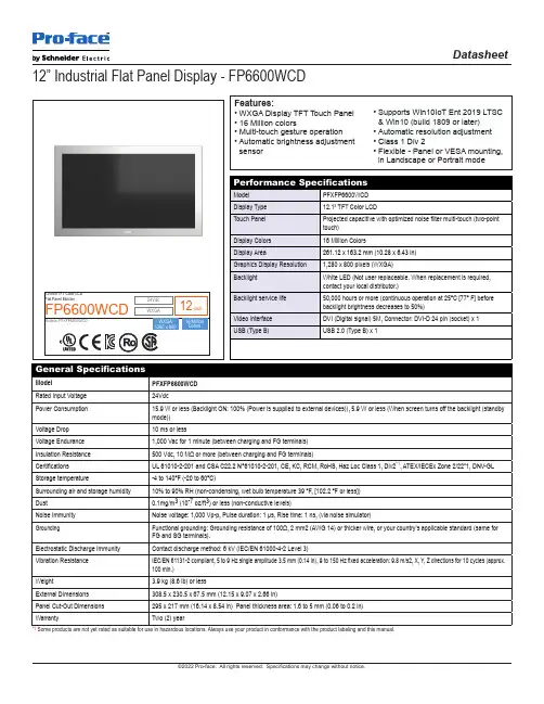Pro-face 12英寸 TFT 彩色 LCD 平面显示器 FP6600WCD 参数规格说明书