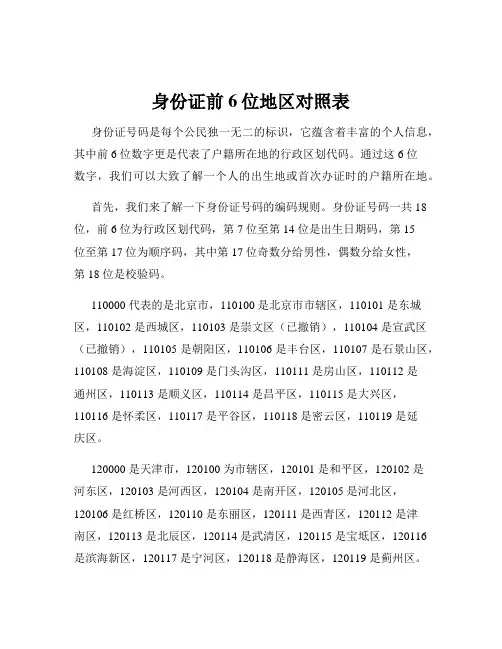身份证前6位地区对照表