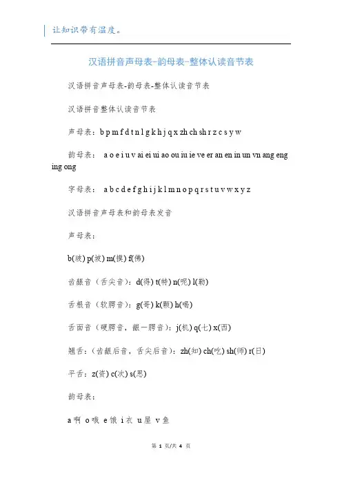 汉语拼音声母表-韵母表-整体认读音节表