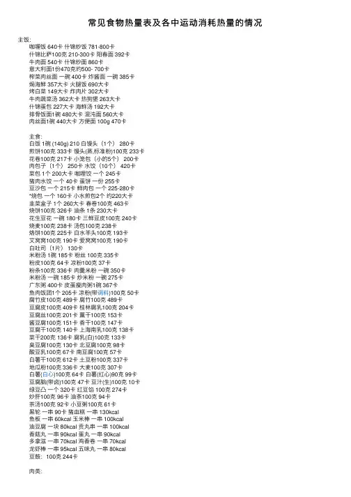 常见食物热量表及各中运动消耗热量的情况