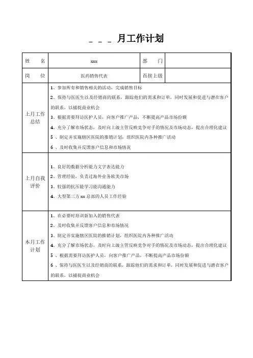 医药销售代表月工作计划