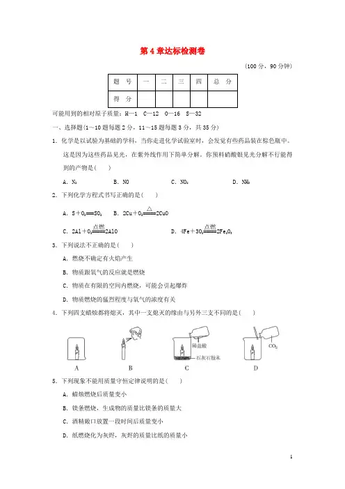 2024秋九年级化学上册第4章认识化学变化达标检测卷沪教版