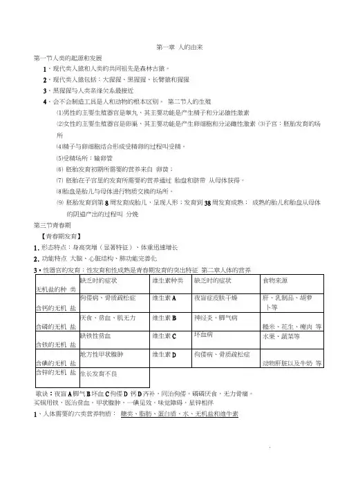 2017人教版七年级下册生物学复习提纲