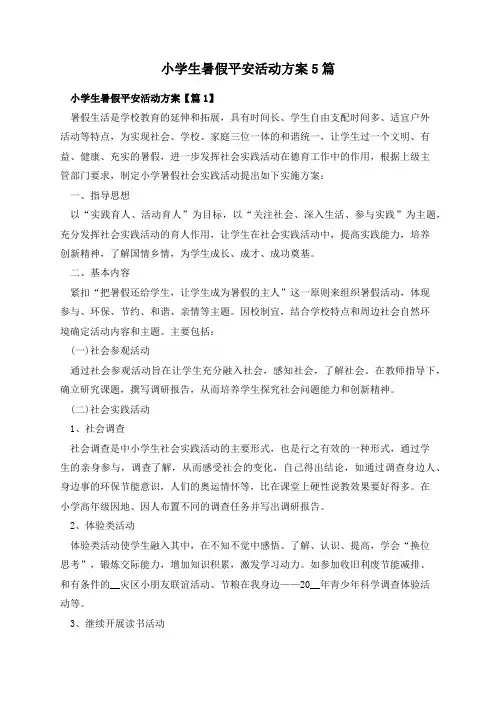 小学生暑假平安活动方案5篇