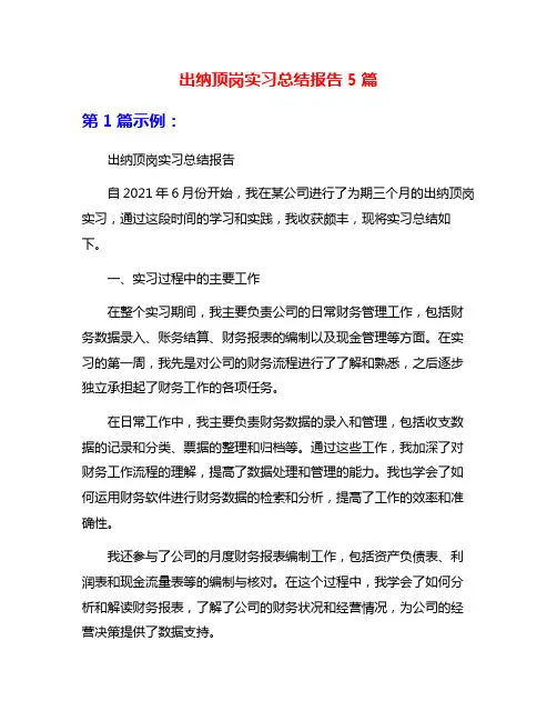 出纳顶岗实习总结报告5篇