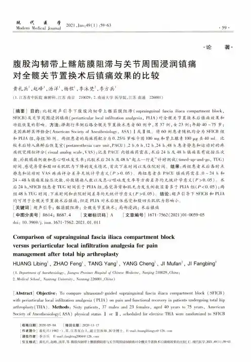 腹股沟韧带上髂筋膜阻滞与关节周围浸润镇痛对全髋关节置换术后镇痛效果的比较