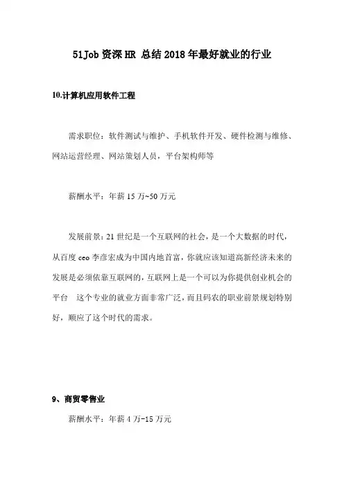 51资深HR总结2018年十大最紧缺的行业