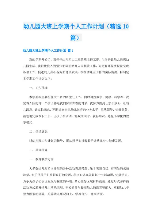 幼儿园大班上学期个人工作计划(精选10篇)