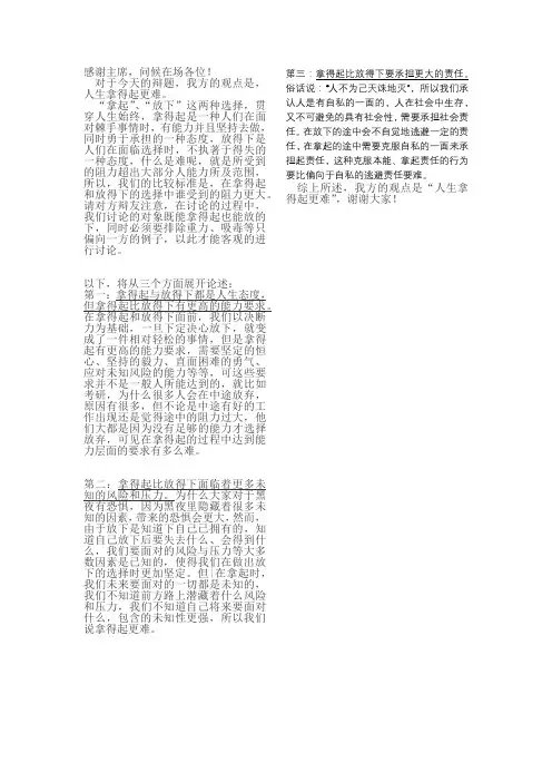 人生拿得起更难 一辩稿