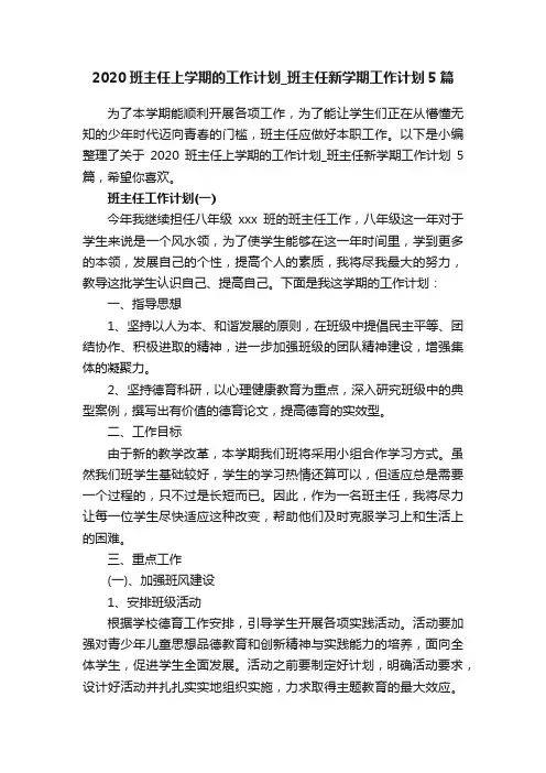 2020班主任上学期的工作计划_班主任新学期工作计划5篇