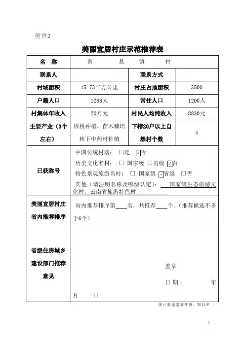 美丽宜居村庄示范推荐表  表格材料
