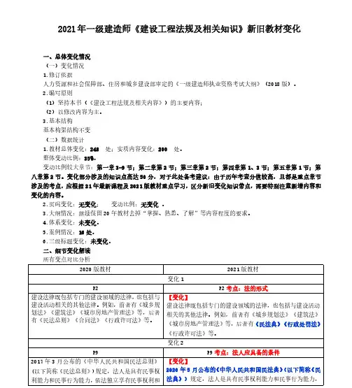 2021年一级建造师《建设工程法规及相关知识》新旧教材变化