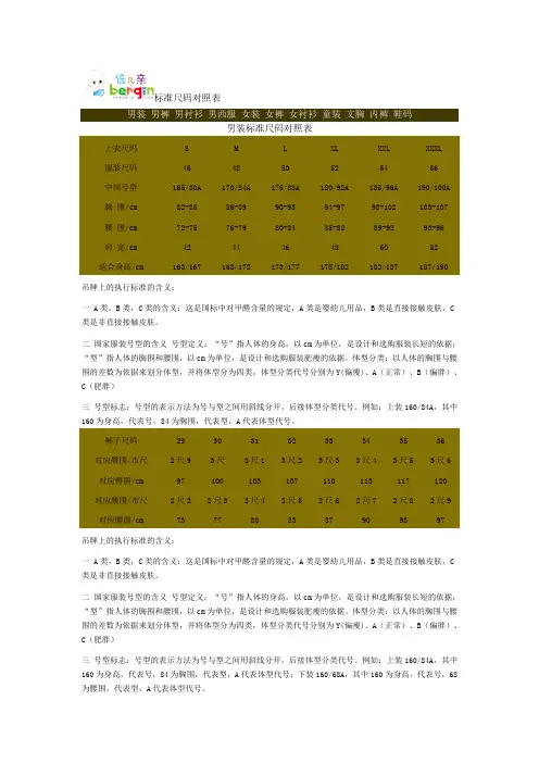 标准尺码对照表