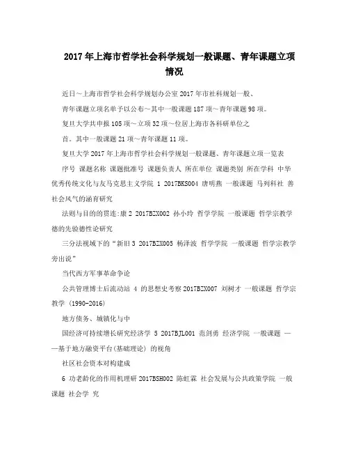 2017年上海市哲学社会科学规划一般课题、青年课题立项情况