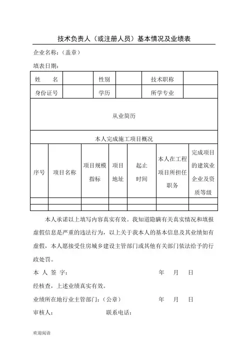 技术经验负责人(或注册人员)基本情况及业绩表格模板