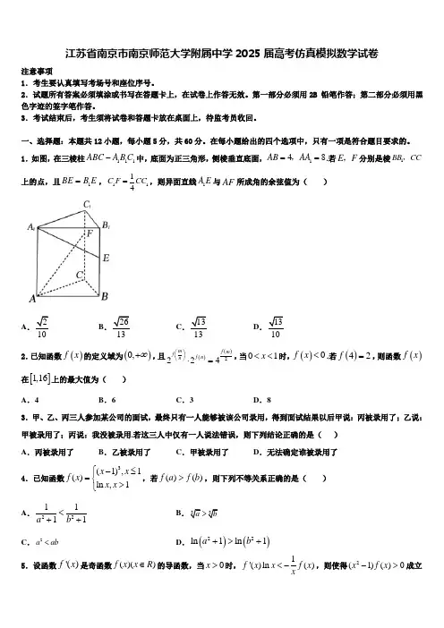 江苏省南京市南京师范大学附属中学2025届高考仿真模拟数学试卷含解析