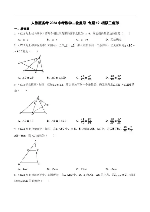 人教版备考2023中考数学二轮复习 专题19 相似三角形(学生版)