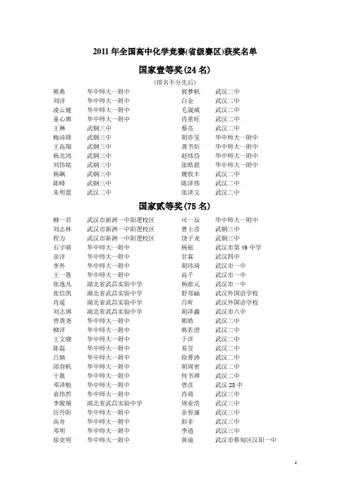 2011年全国高中化学竞赛(省级赛区)获奖名单