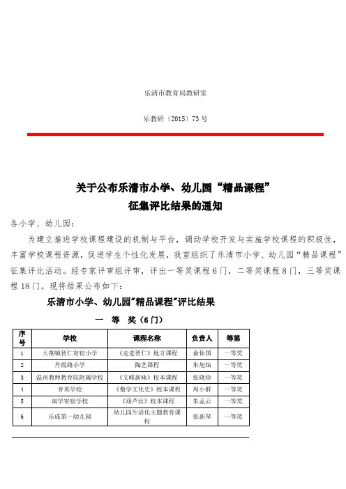 关于公布乐清市小学、幼儿园“精品课程”征集评比结果的通知