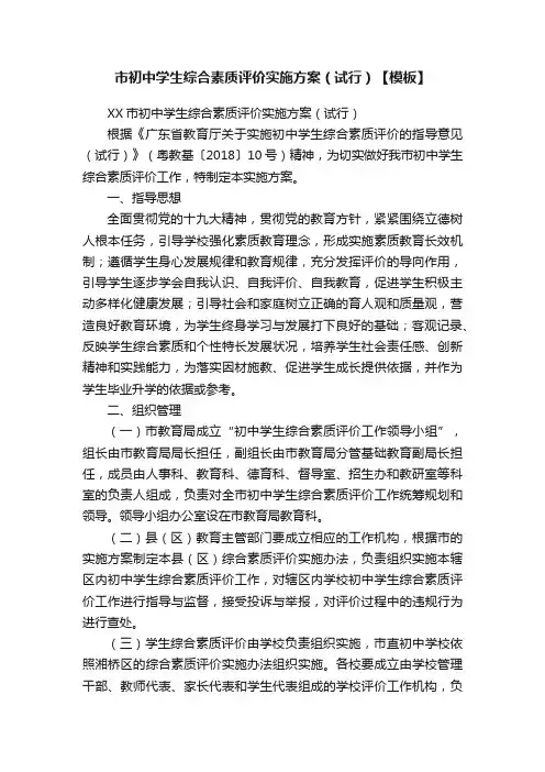 市初中学生综合素质评价实施方案（试行）【模板】