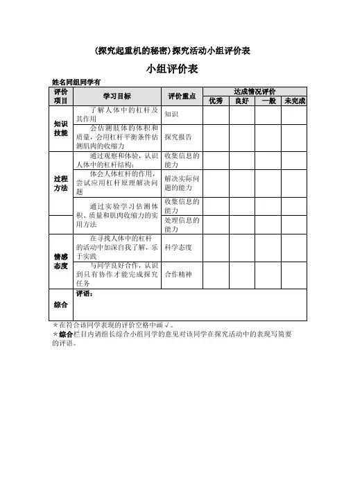 (探究起重机的秘密)探究活动小组评价表