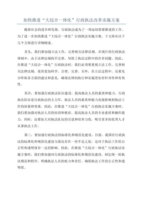 加快推进“大综合一体化”行政执法改革实施方案