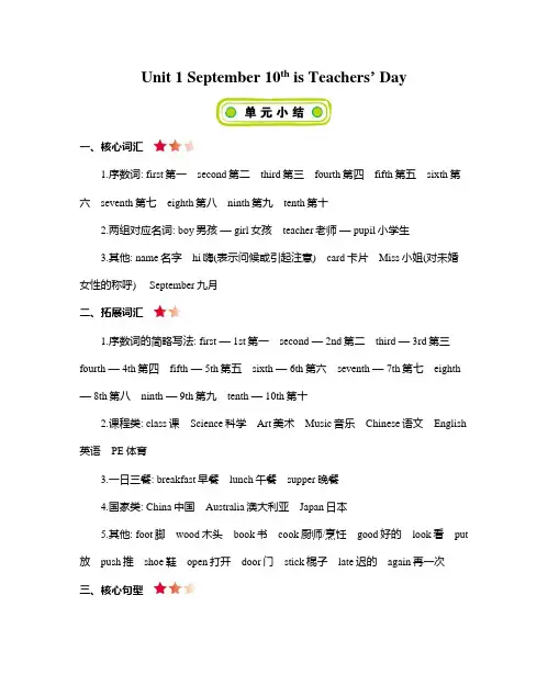 三年级上册英语素材-Unit 1 September 10th is Teachers’ Day知识清单北京课改版