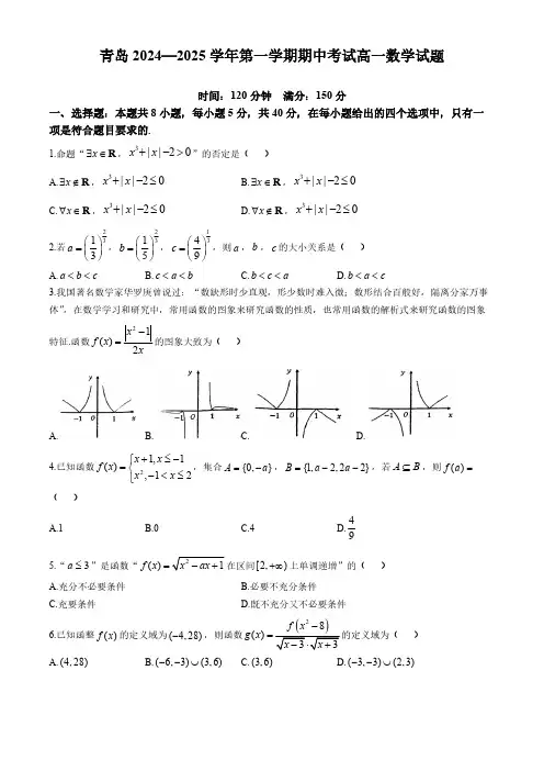 山东省青岛2024-2025学年高一上学期期中考试数学试卷(无答案)