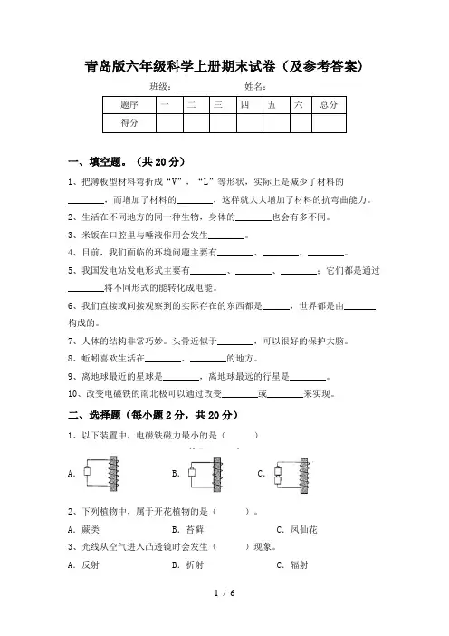 青岛版六年级科学上册期末试卷(及参考答案)