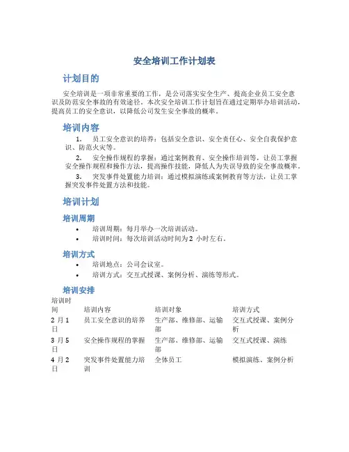 安全培训工作计划表